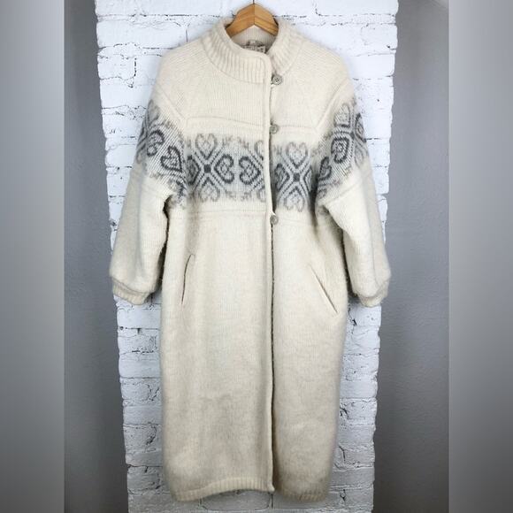 Vintage Alafoss Of Iceland Wool Fairisle Trench Coat M - Picture 1 of 13